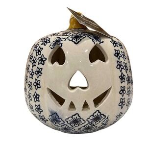Martha Stewart Jack O Lantern Candle Holder Blue White Ceramic Fall‎ Decor